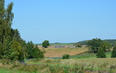 Krajobraz ozu lubaskiego. Widok na pola z drzewami i krzewami, na połowie zdjecia błękitne niebo. 