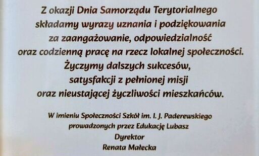 Zdjęcie do Życzenia Dyrektora Edukacji Lubasz z okazji Dnia Samorządu Terytorialnego