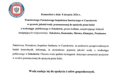 Zdjęcie do Komunikat Państwowego Powiatowego Inspektora Sanitarnego w sprawie jakości wody dla miejscowości : Sokołowo, Kamionka, Sławno, Klempicz, Prusinowo 
